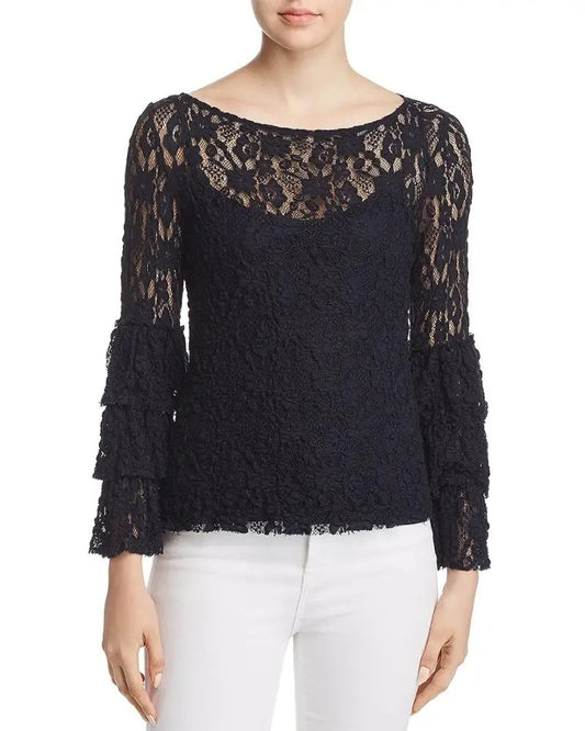 Czarny koronkowy top z długim rękawem i warstwowymi mankietami