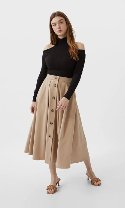 Beżowa spódnica midi z guzikami z przodu