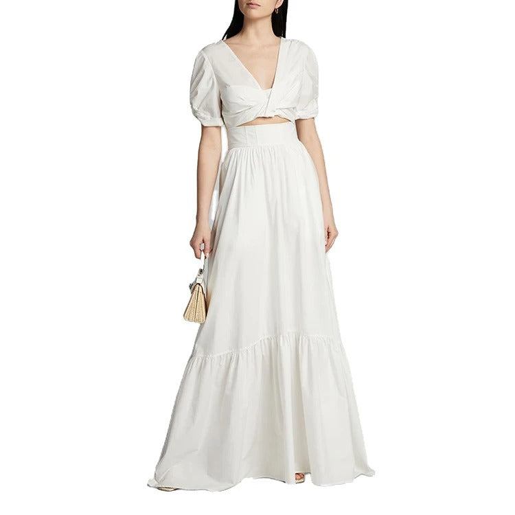 Biały komplet crop top z bufiastymi rękawami i spódnica maxi