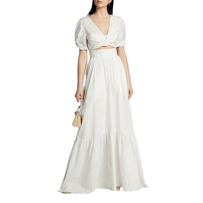 Biały komplet crop top z bufiastymi rękawami i spódnica maxi