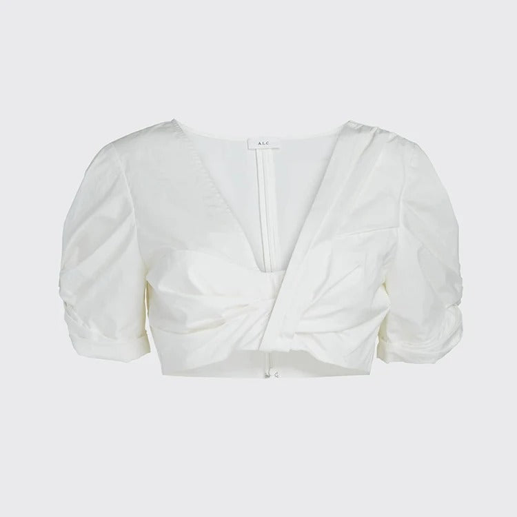 Biały komplet crop top z bufiastymi rękawami i spódnica maxi