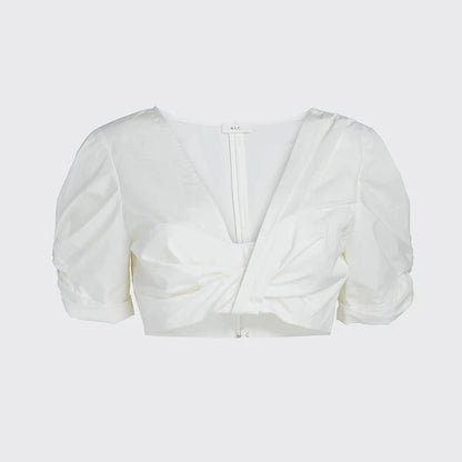 Biały komplet crop top z bufiastymi rękawami i spódnica maxi