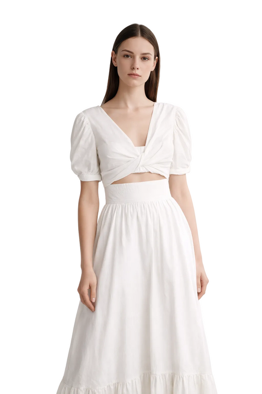 Biały komplet crop top z bufiastymi rękawami i spódnica maxi