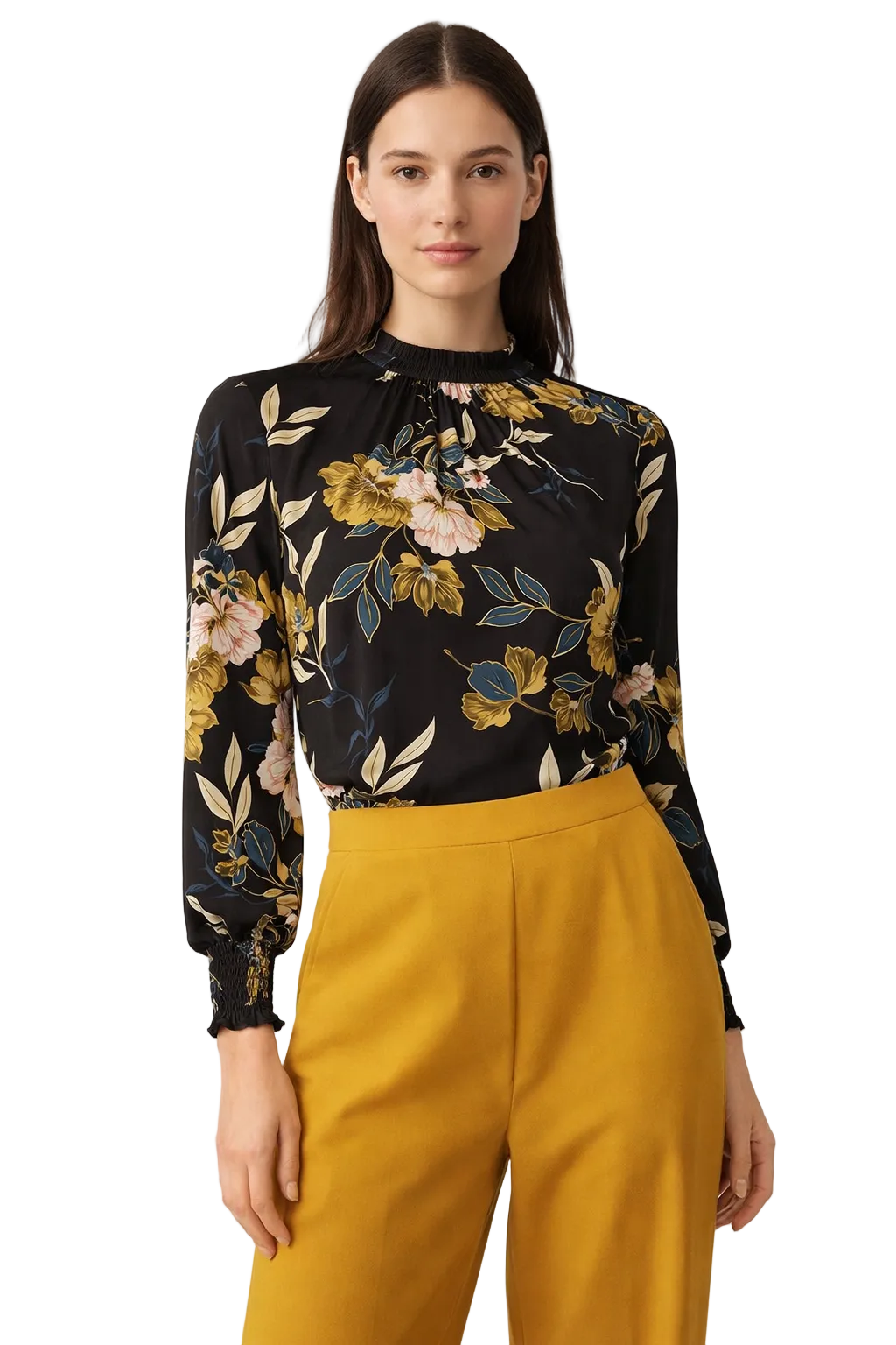 Czarna bluzka w kwiaty z wysokim kołnierzem i długim rękawem
