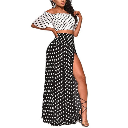 Czarno-biały komplet w grochy top hiszpanka i spódnica maxi