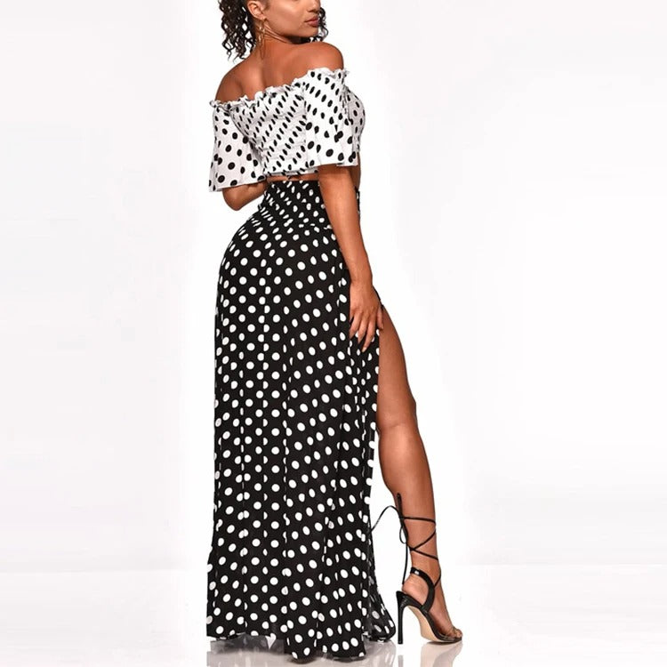 Czarno-biały komplet w grochy top hiszpanka i spódnica maxi