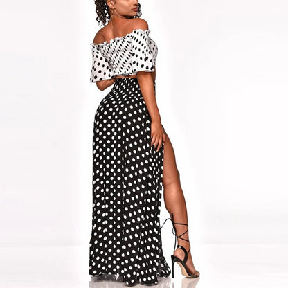 Czarno-biały komplet w grochy top hiszpanka i spódnica maxi