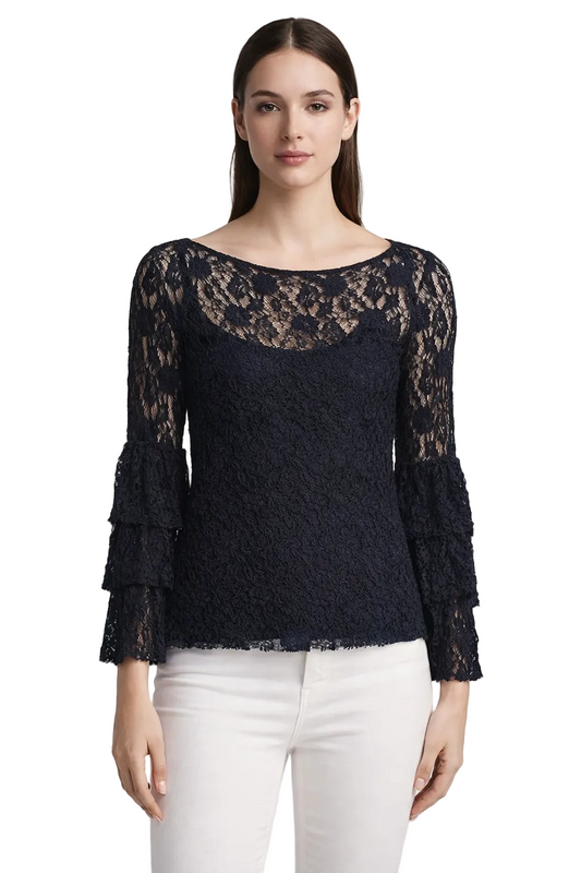 Czarny koronkowy top z długim rękawem i warstwowymi mankietami