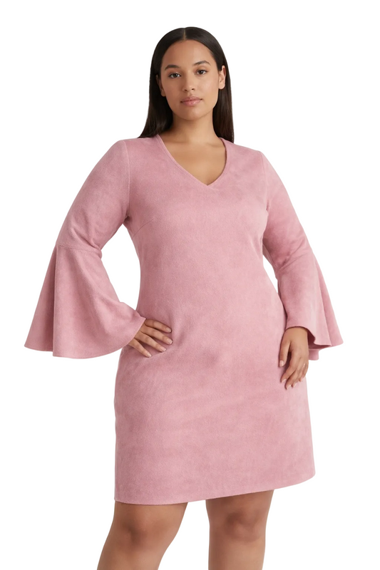 Różowa sukienka mini z dekoltem w serek i rozkloszowanymi rękawami