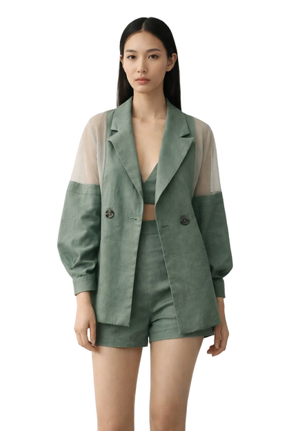 Zielony komplet marynarka i szorty z przezroczystymi panelami